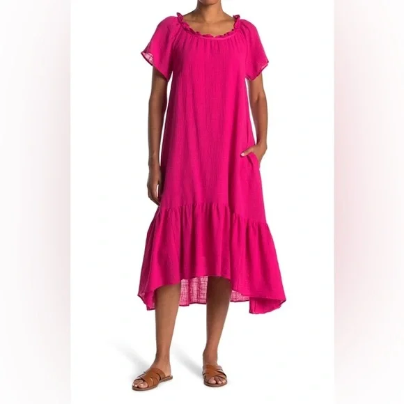 Stitchdrop Dresses | Stitchdrop Midi Peasant Dress Pink Women's M Casual Boho Short Sleeve | Color: Pink | Size: M | Julzzzzdancer's Closet